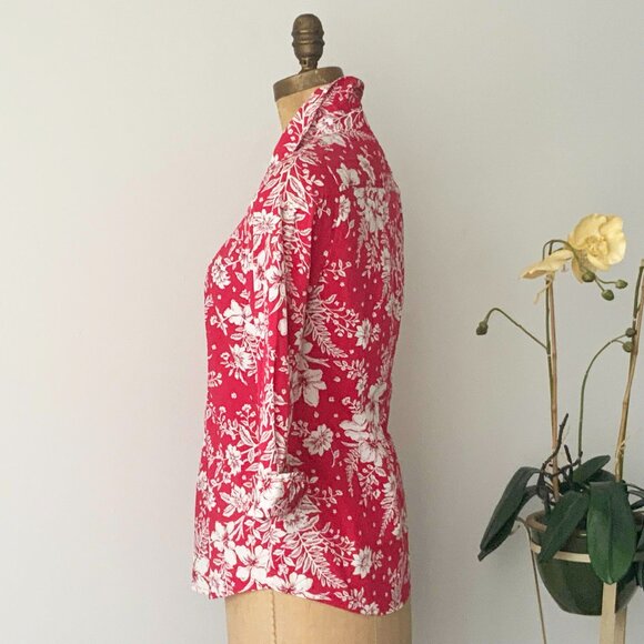 COLD WATER CREEK Size SMALL Red and White Floral 3/4 Sleeve Cotton Blend Blouse - Picture 6 of 10